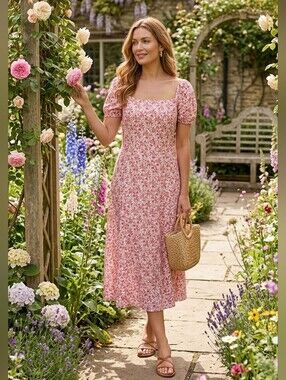 Francesca's Collections Pink & White Floral Midi Dress